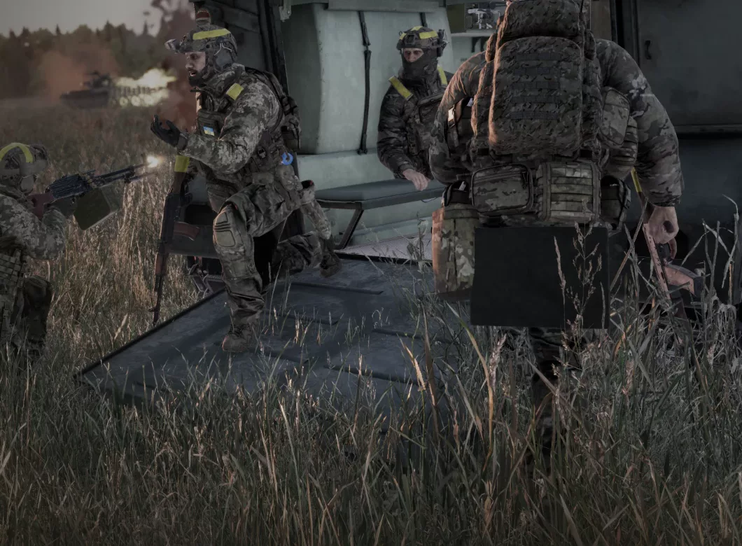Squad dismounting from an armoured vehicle under fire